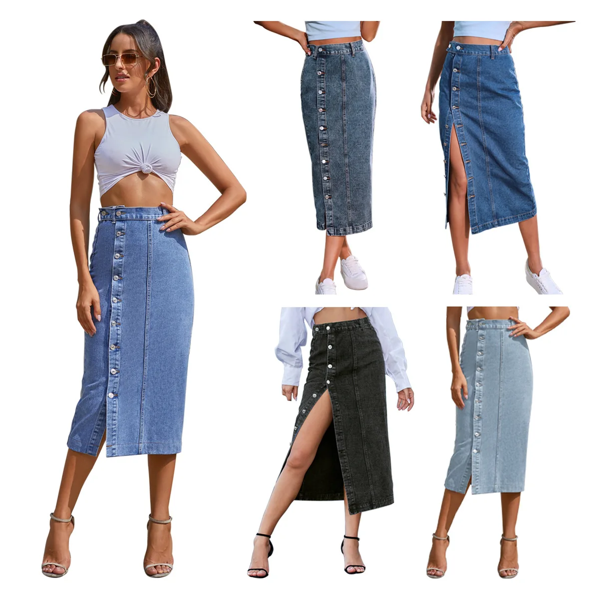High Waist Asymmetrical Slit Denim Skirt Women's Fashion Cross-Border High Waist Britsh Style Flock Straight Tube Skirt
