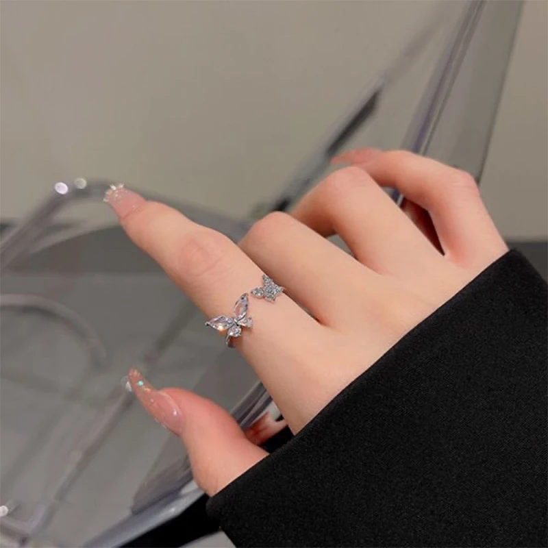 Opening Butterfly Ring Ornament Popular Light Luxury Style Double Zirconia Butterfly Ring Women Party Gifts Jewelry Accessories