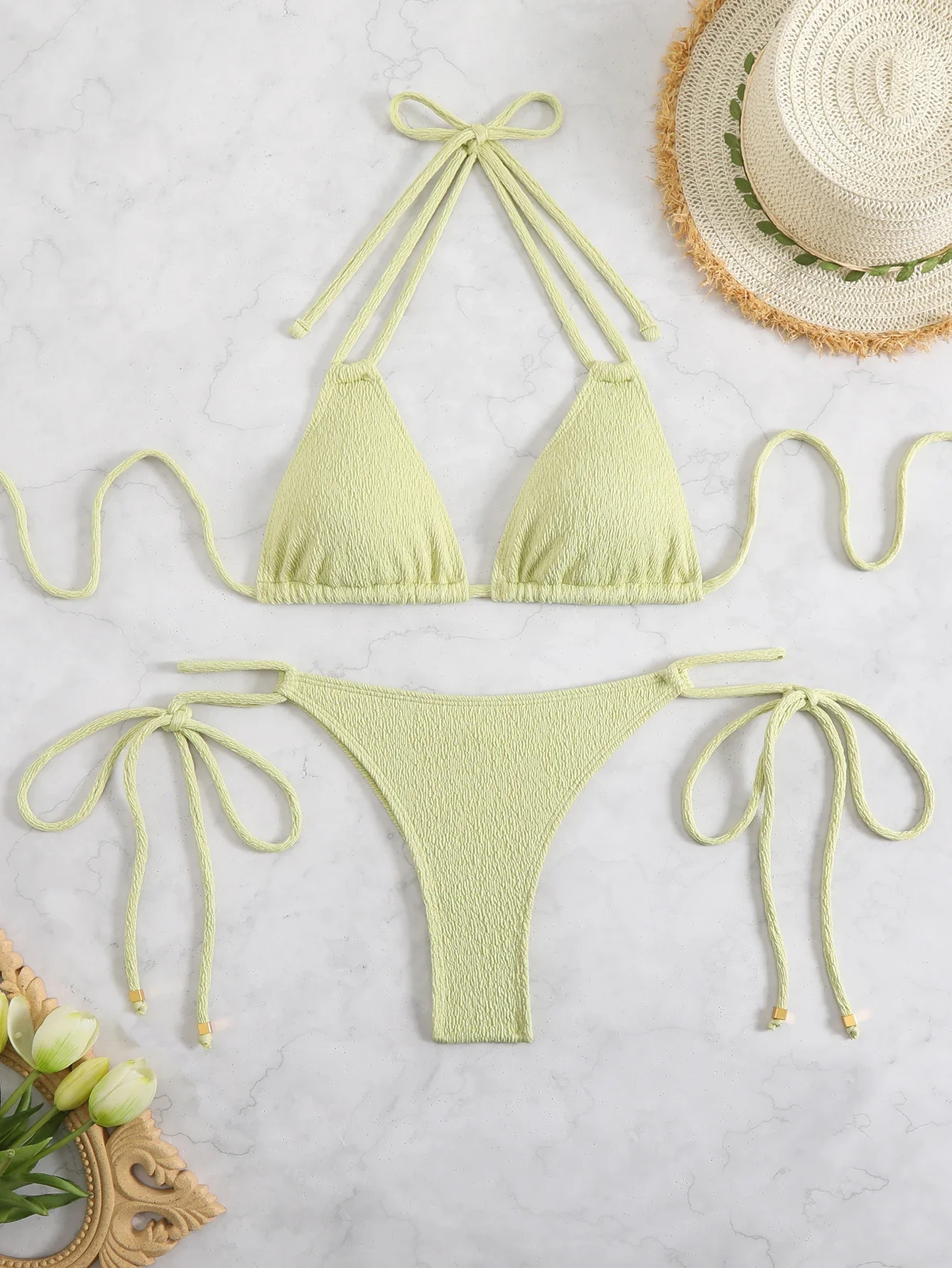 2026 Triangle String Bikini  Women Halter Swimsuit Solid Sexy Padded Swimwear Female Bathers Bathing Swimming Swim Suit Beach