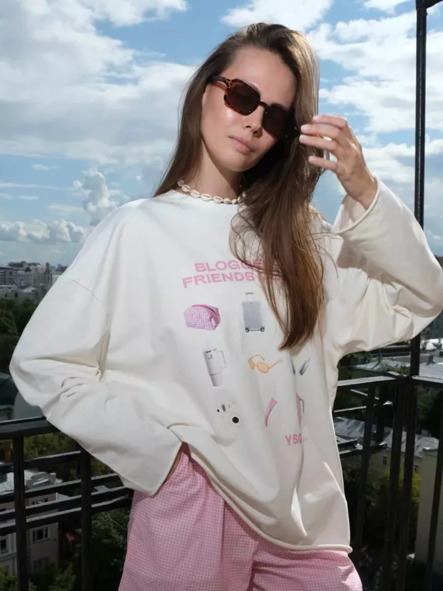 2026Autumn Fashion Sweet and Sweetheart Fluffy Versatile Trendy Individuality Print Long Sleeve T-Shirt Top for Women
