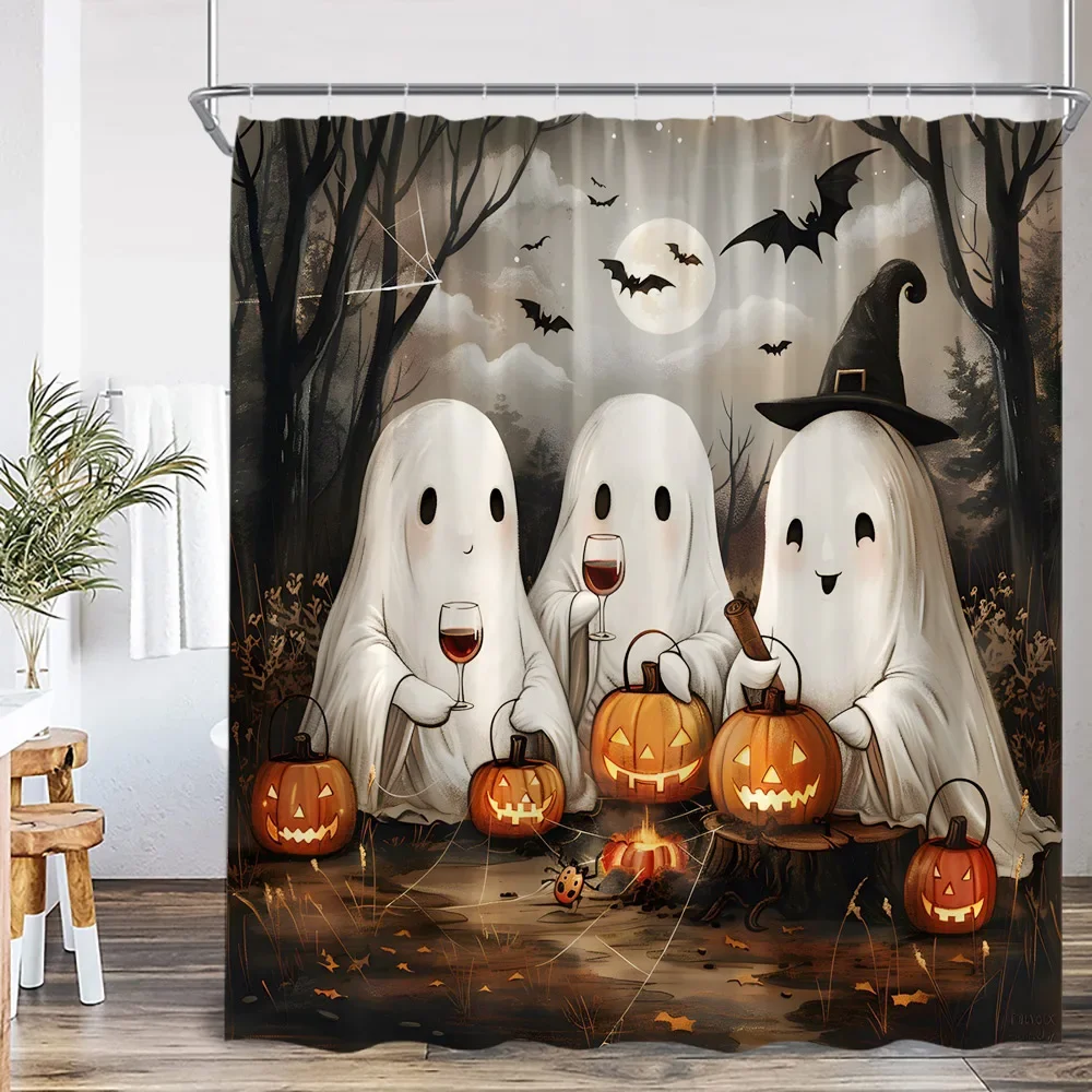 Cute Ghost Halloween Shower Curtain Cartoon Spectre Horror Bathroom Decor Kid Child Happy Halloween Polyester Bathtub Curtain