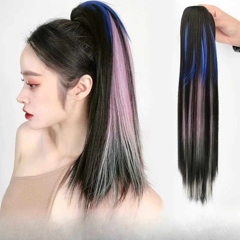 Postizo de cola de caballo de colores mezclados para mujeres y niñas, extensiones de cabello liso, largo y suave, Clip en cordón rizado, uso diario, moda