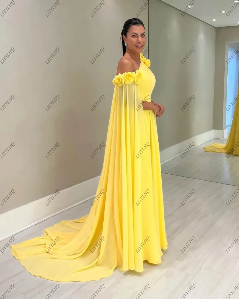 LIYYLHQ Yellow 3D flower Prom Dresses With Cape A-line Backless Chiffon Floor Length Wedding Bridesmaid Party Evening Dress