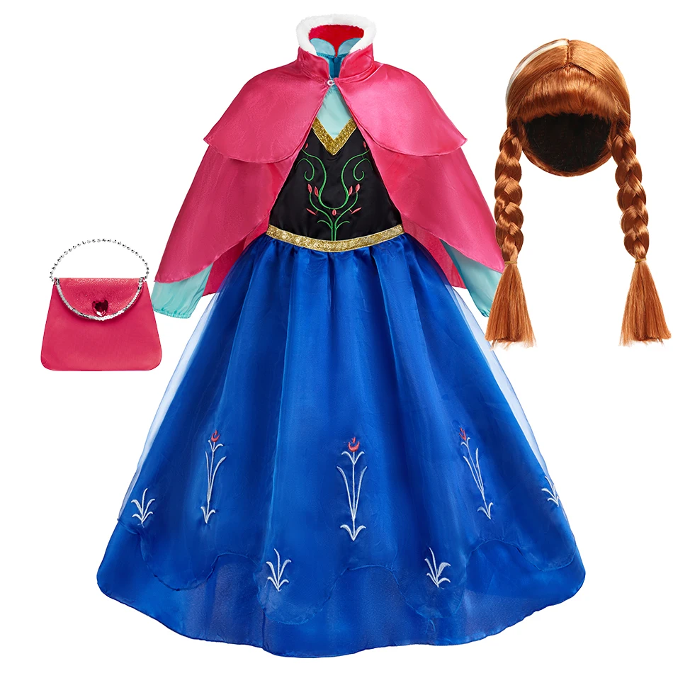 Girls Princess Dress Kids Cosplay Costume Set Winter Cape Braided Wig Handbag Children Halloween Birthday Party Fairy Tale Gown