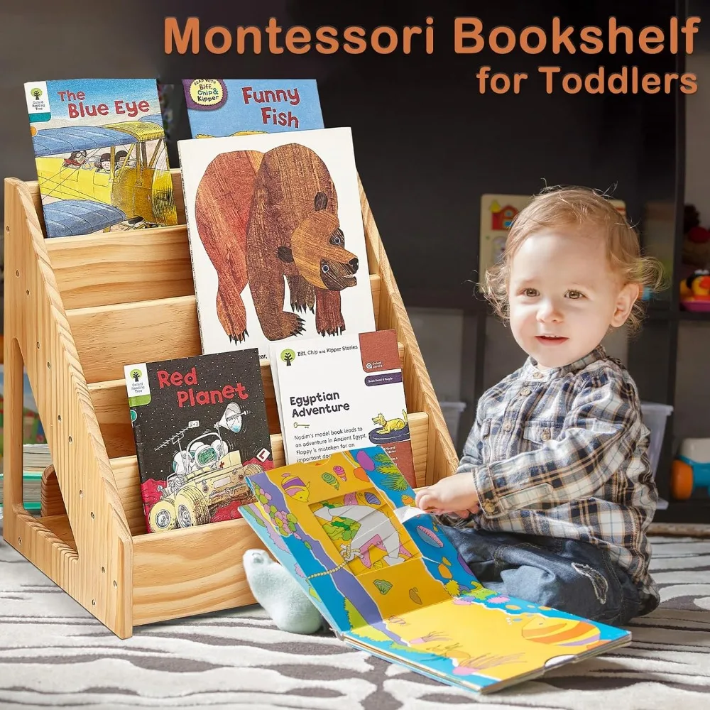 LIO-bibliothèque Montessori pour tout-petits de 1 à 5 ans, bibliothèque frontale pour enfants avec poignée et dispositif anti-inclinaison