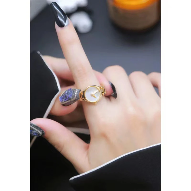 2023 Unique Imitation Watch Design with Gold Color Open Ring, Gothic Girls\' Fashion Jewelry For Women Party Luxury Accessories