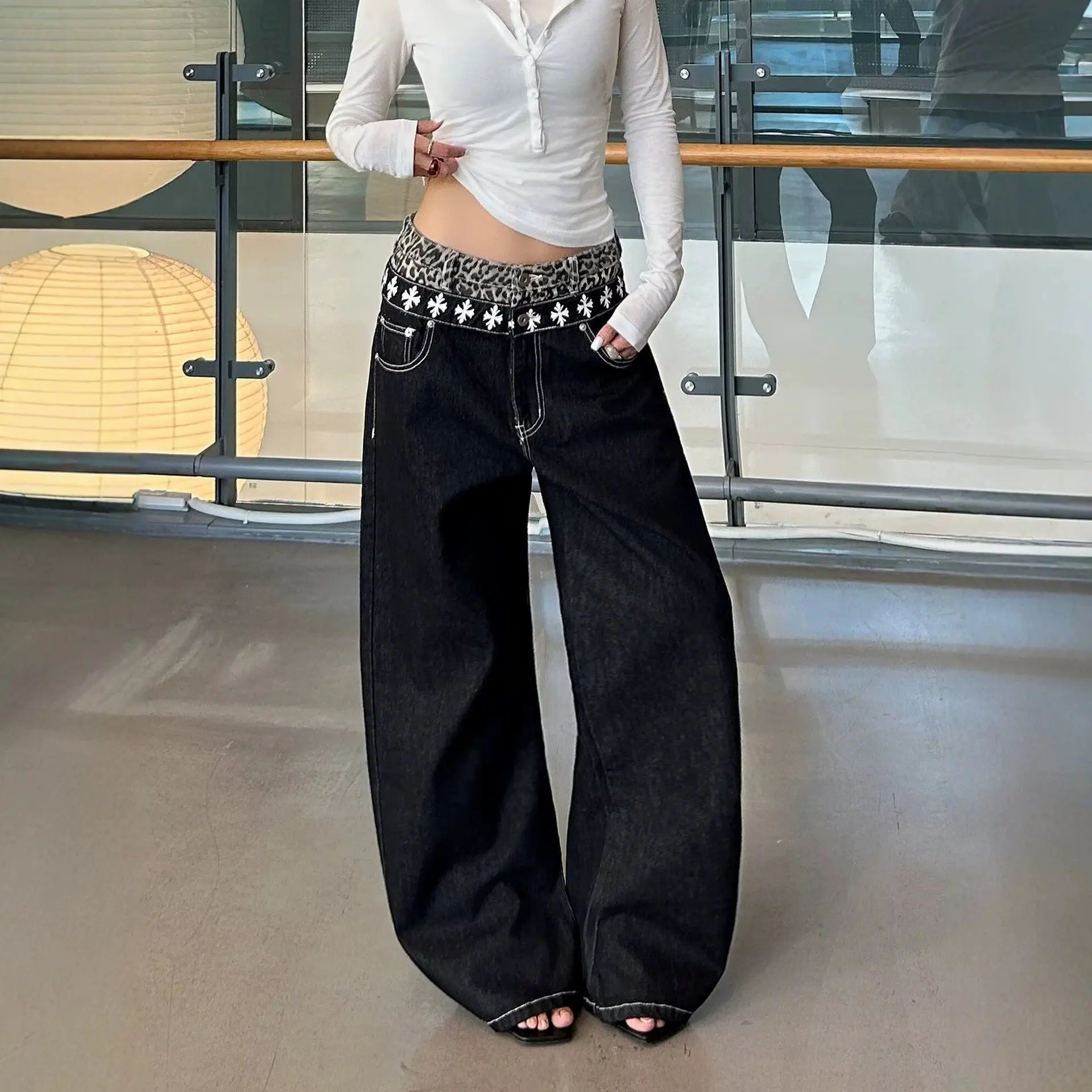 

High Waist Wide Leg Denim Jeans Women's Summer Design Sense Double Waist Head Leopard Print Patchwork Cross Hip Hop Jeans