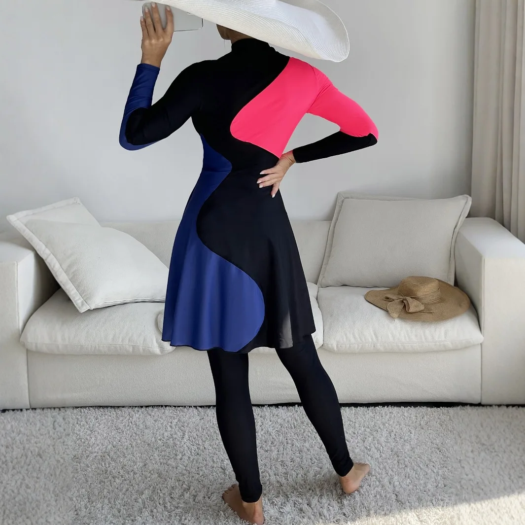 Скромные купальники для мусульманских женщин, новые буркини, 2 шт., все купальники, длинное платье и длинные трусики, синие и красные лоскутные буркини