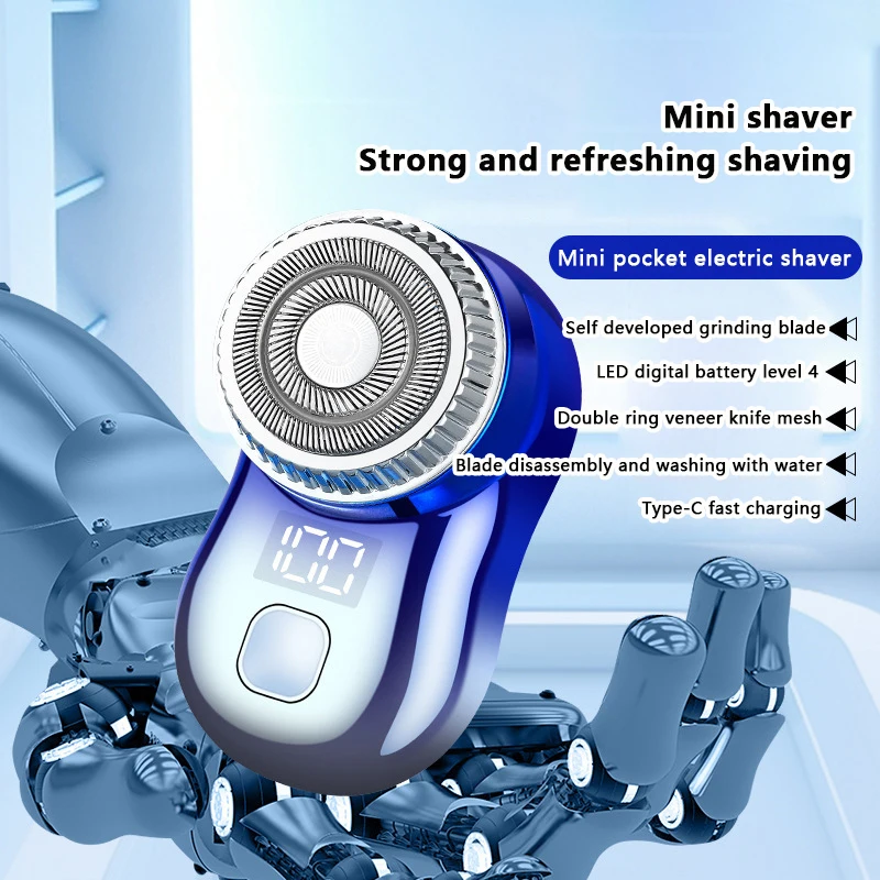 Men's Mini Electric Travel Shaver Double Ring Face Beard Razor LCD Power Display Type-C Rechargeable Painless Cordless Trimmer