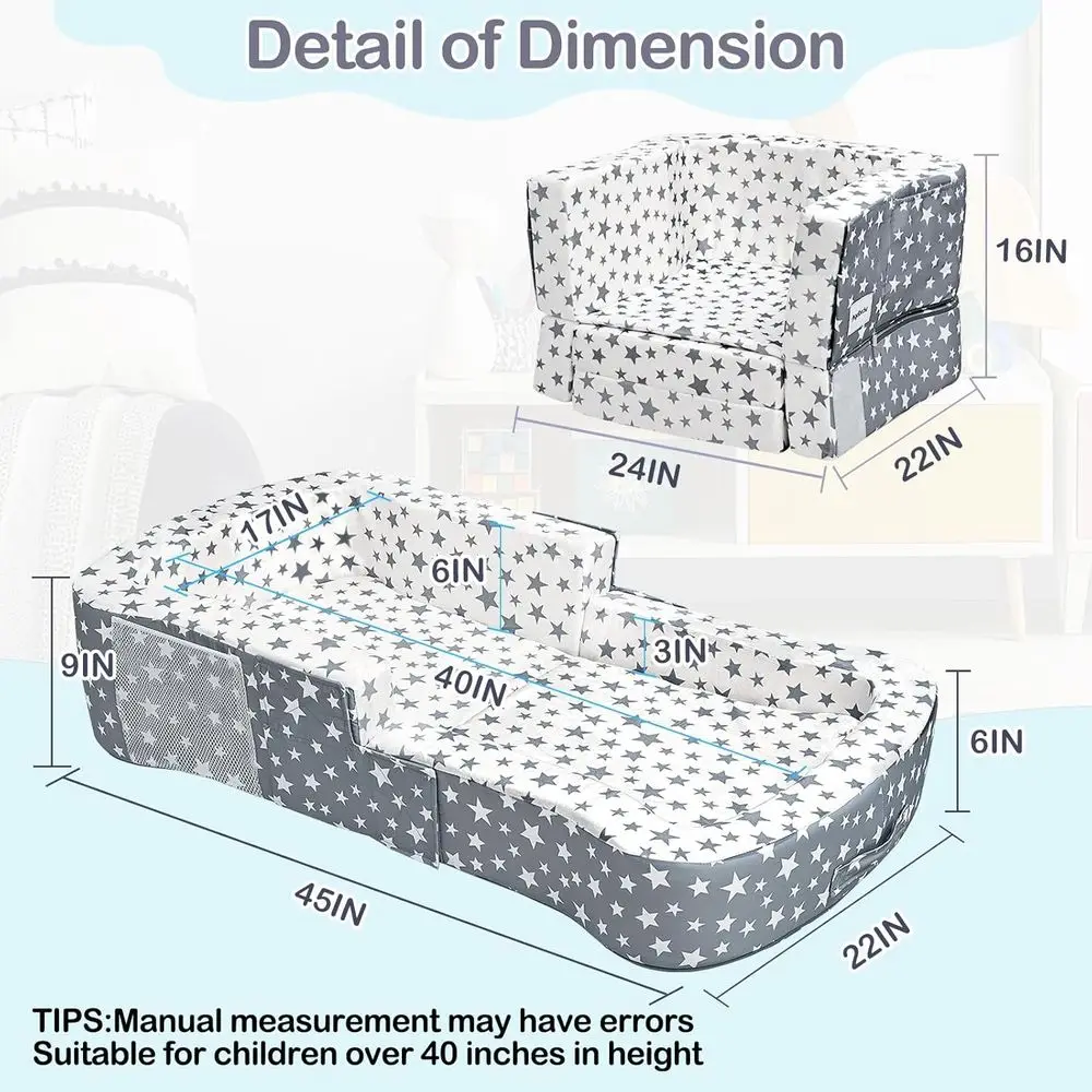 Portable Toddler Bed & Chair Combo - Convertible Crib with Storage, Waterproof Cloth, Washable Cover, Soft Velvet (Stars)