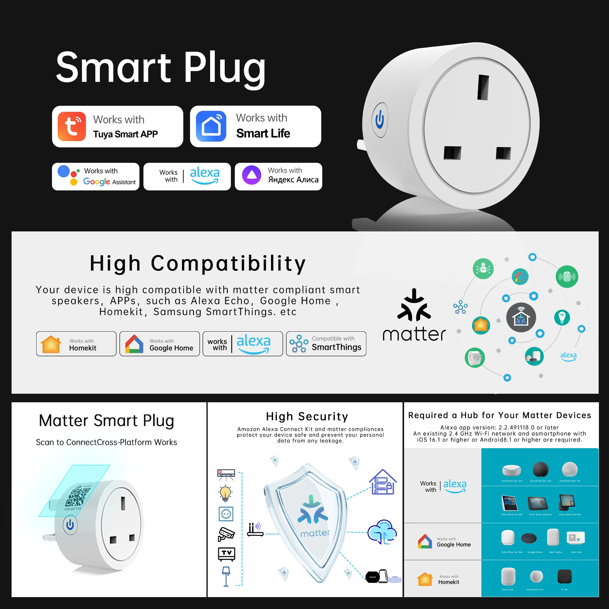 UK Matter Smart Socket, Alexa Google HomeKit SmartThings Compatible, Power-Off Memory, Voice Timer, Fire-Retardan