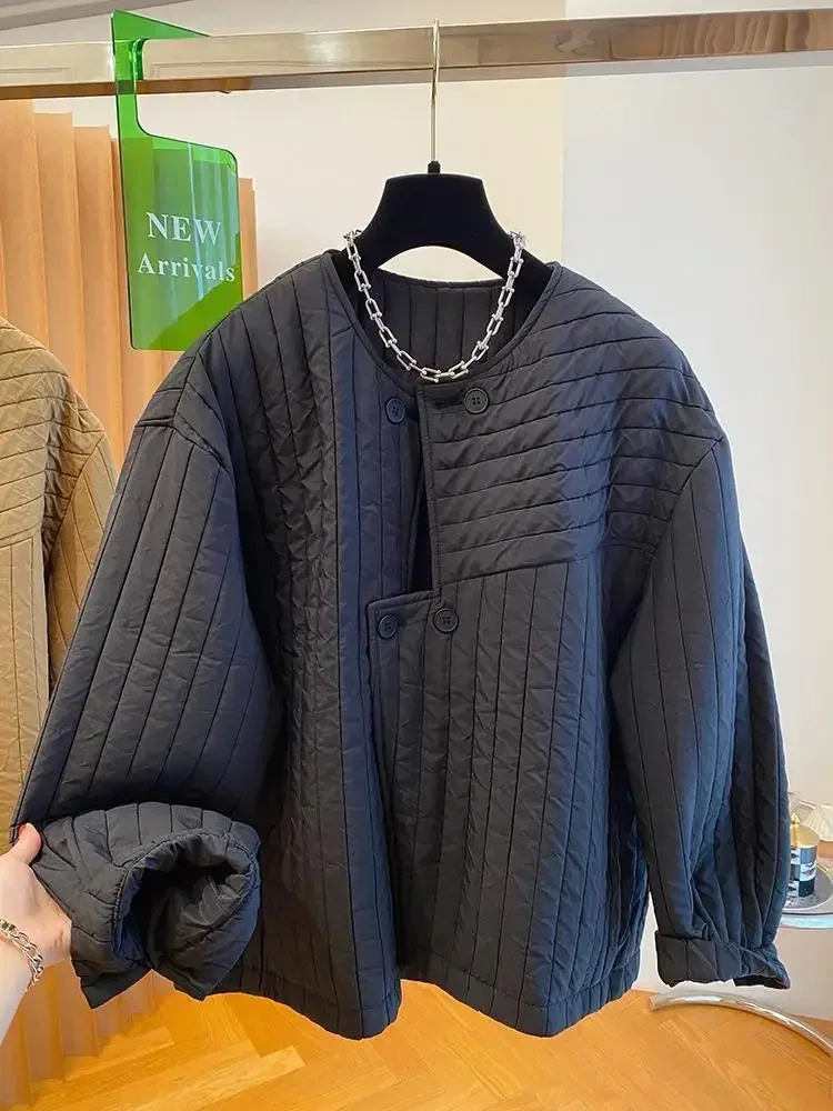 

New Women Casual Warm Cotton-padded Jacket Fashion Loose Long Sleeve Coat Fall Winter Retro Irregular Solid Color Jacket