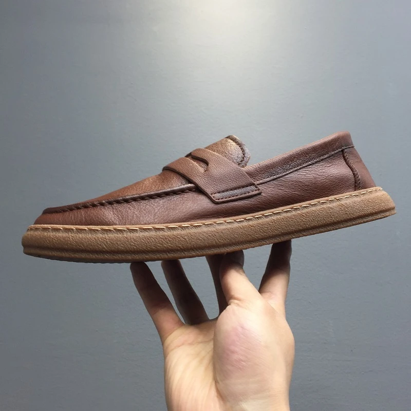 

Модные лоферы ручной работы из натуральной кожи, мужская обувь, повседневная дышащая рабочая обувь на мягкой подошве, кожаная обувь в британском стиле, мужские туфли на плоской подошве