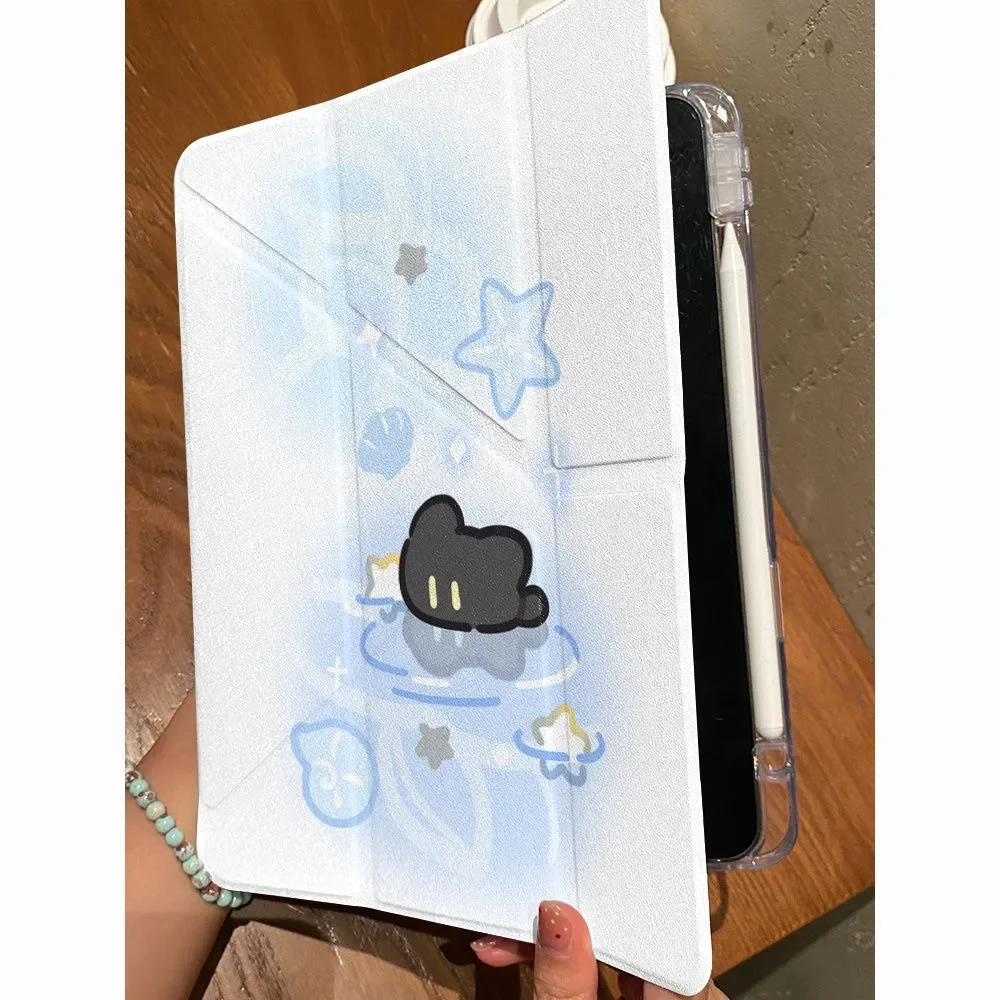 Dreamy Ocean Cute Cartoon Cat Y-Fold Design For iPad Case iPad 11 Pro Air 9 8 7 6 Mini 5 (13” 10.2”) Anti-Bend Protective Cover