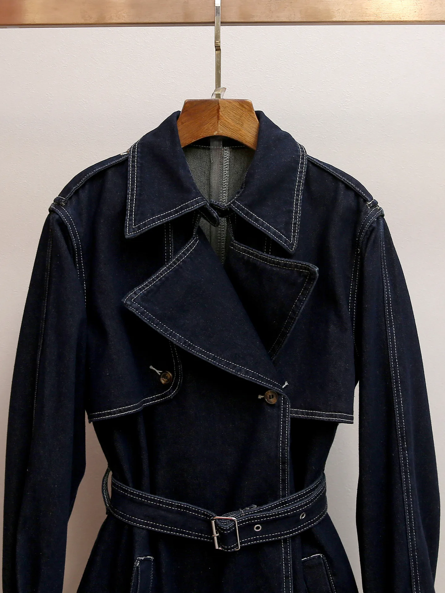 

Fall/Winter Women Turn-down Collar Long Sleeve Double Breasted Belt Solid Denim Coat Hign Waist Loose Fashion Maxi Topcoat