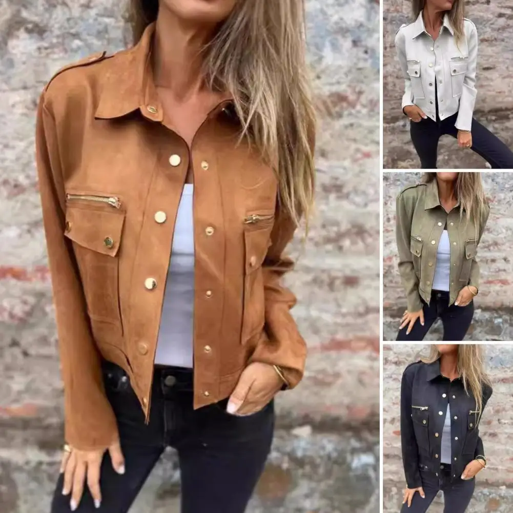 

Workwear Jacket with Flap Pockets Zipper Detail Women Single-breasted Jacket Stylish Comfy Cargo Style Jacket for Outdoor Wear