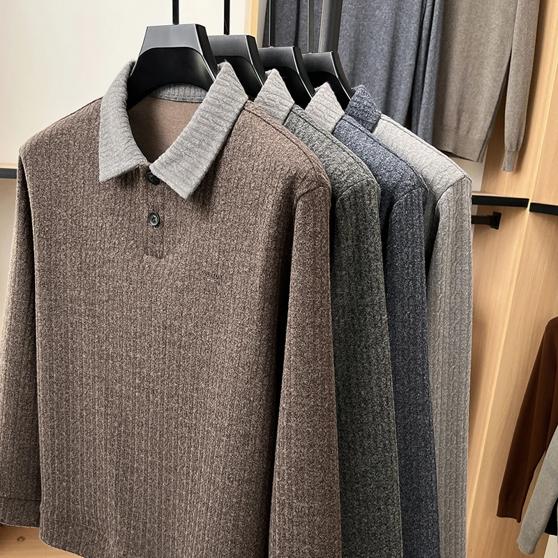 Hochwertiges Herren-Polohemd mit Print, Herbstneuheit, bequemes Langarm-T-Shirt mit Revers, einfarbig, modische Business-Herrenbekleidung – Detail 1