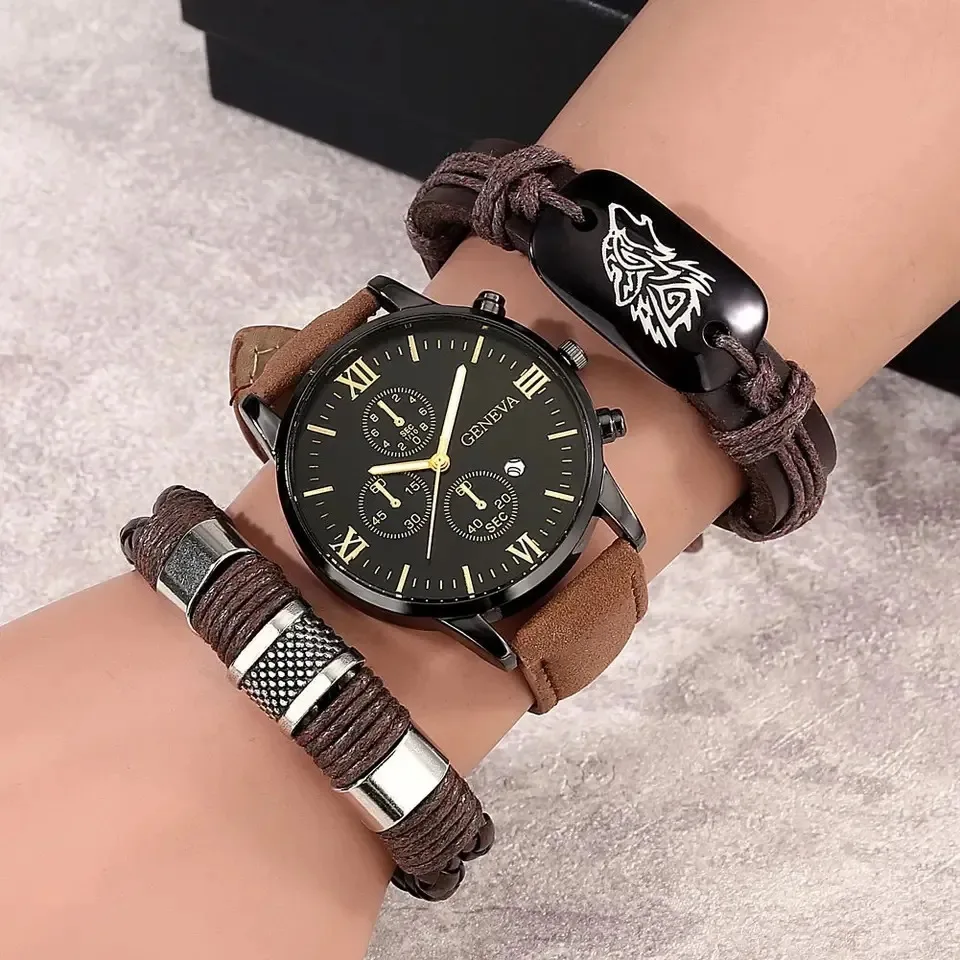 

3PCS Men's Business Watches Fashion Leather Band Analog Quartz Watch with Woven Bracelets Set（Without Box）