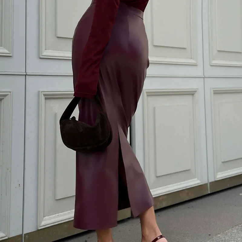 Fashion Senior PU Leather Skirts Women Sexy High Waist Slim Split Package Hip Skirts Female Elegant Office Pencil Long Skirt