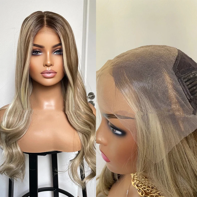 Long Body Wave Lace Front Wig Highlight Ash Blonde Synthetic Wigs Dark Roots High Temperature Fibre Glueless Lace Wigs for Women