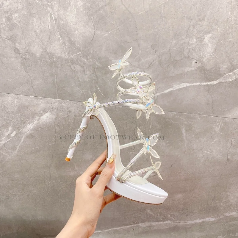 Crystal Butterflly Ankle Warp Satin Sandals Top Quality Platform Stilettos High Heels Summer Women Party Wedding Designer Shoes