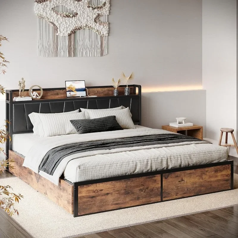 ZHENXIANG King Bed Frame with 4 Storage Drawers, Platform Bed with Charged Headboard, Sturdy and Stable, No Noise, No Box Spring