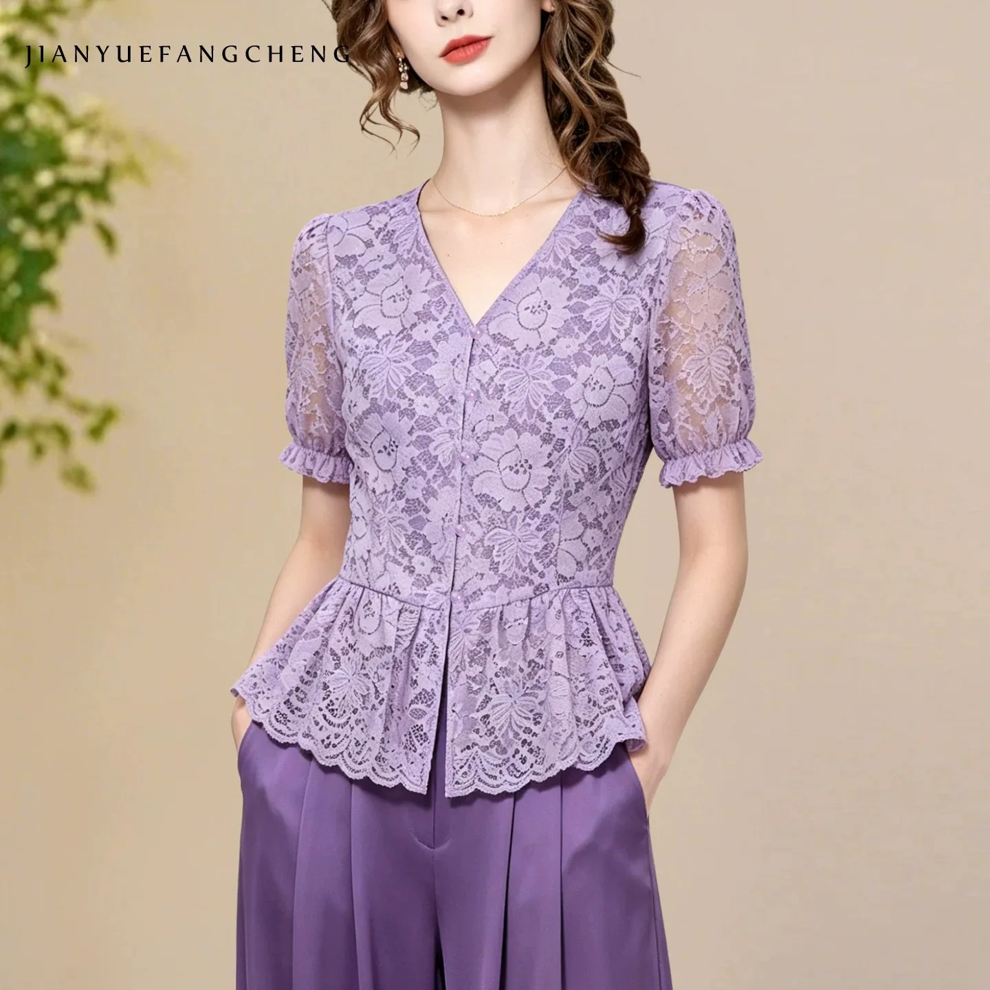 Summer Women Two Piece Outfit Purple Lace V-neck Peplum Top Floral Midi Skirt Vintage Elegant Ladies Party Matching Set
