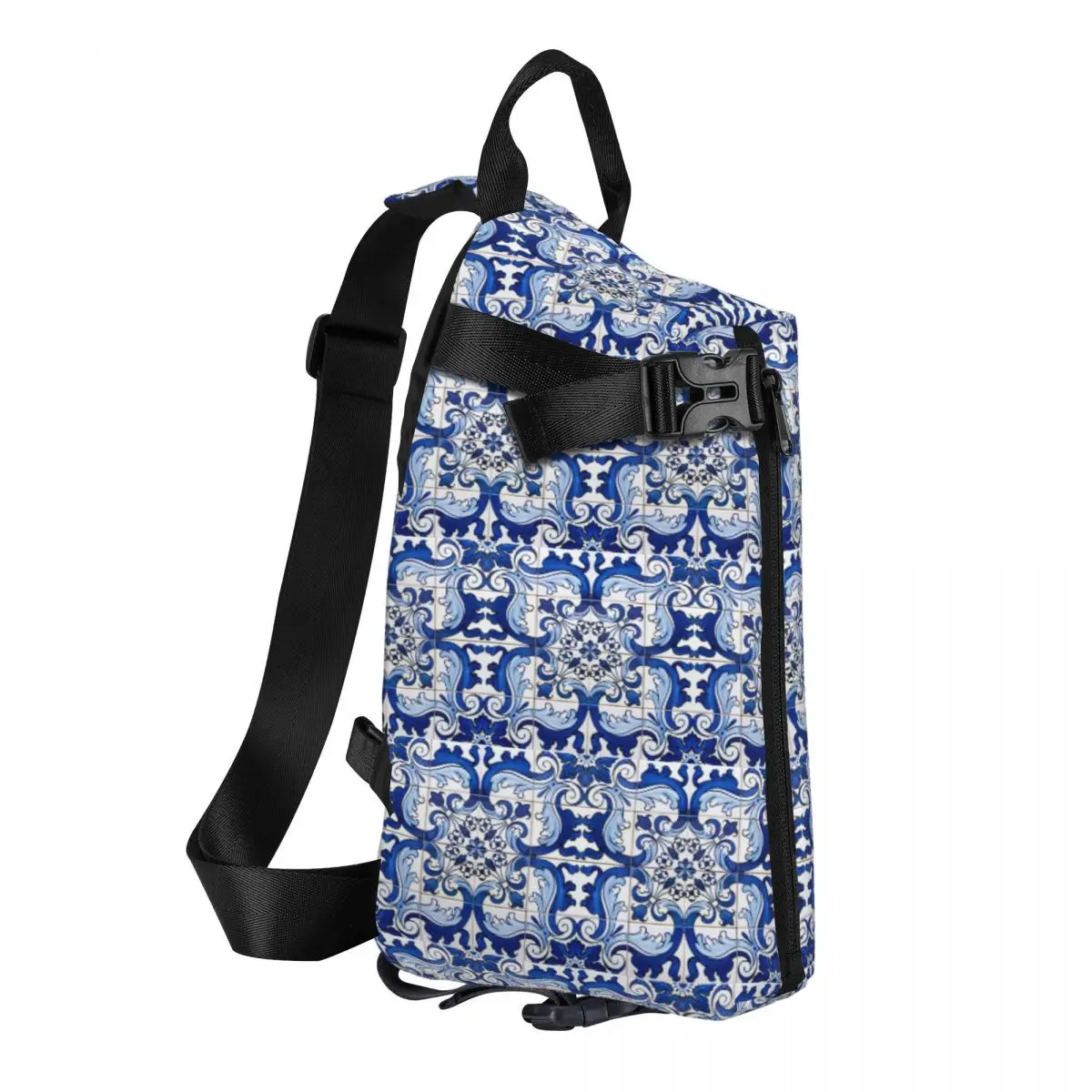 Antique Lisbon Blue Azulejo Tile Floral Chest Bag Men Sling Crossbody Backpack Chest Bag Travel Hiking Daypack Shoulder Bag