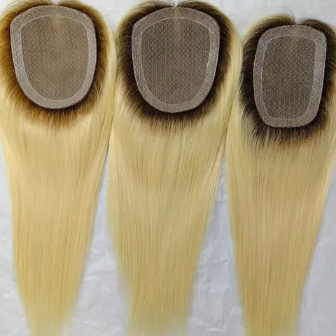 T2/613 Swiss lace base Monofilament PU Topper Hand Tied Silk Top Toupee Silk Base Breathable Hair Piece with Clip for Women