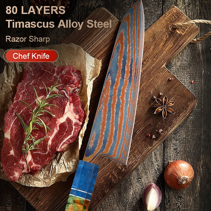 

8-inch Damascus steel chef knife Sharp Timascus knife blade Titanium Cut Vegetable and Meat Stabilized Colored Wood Handle