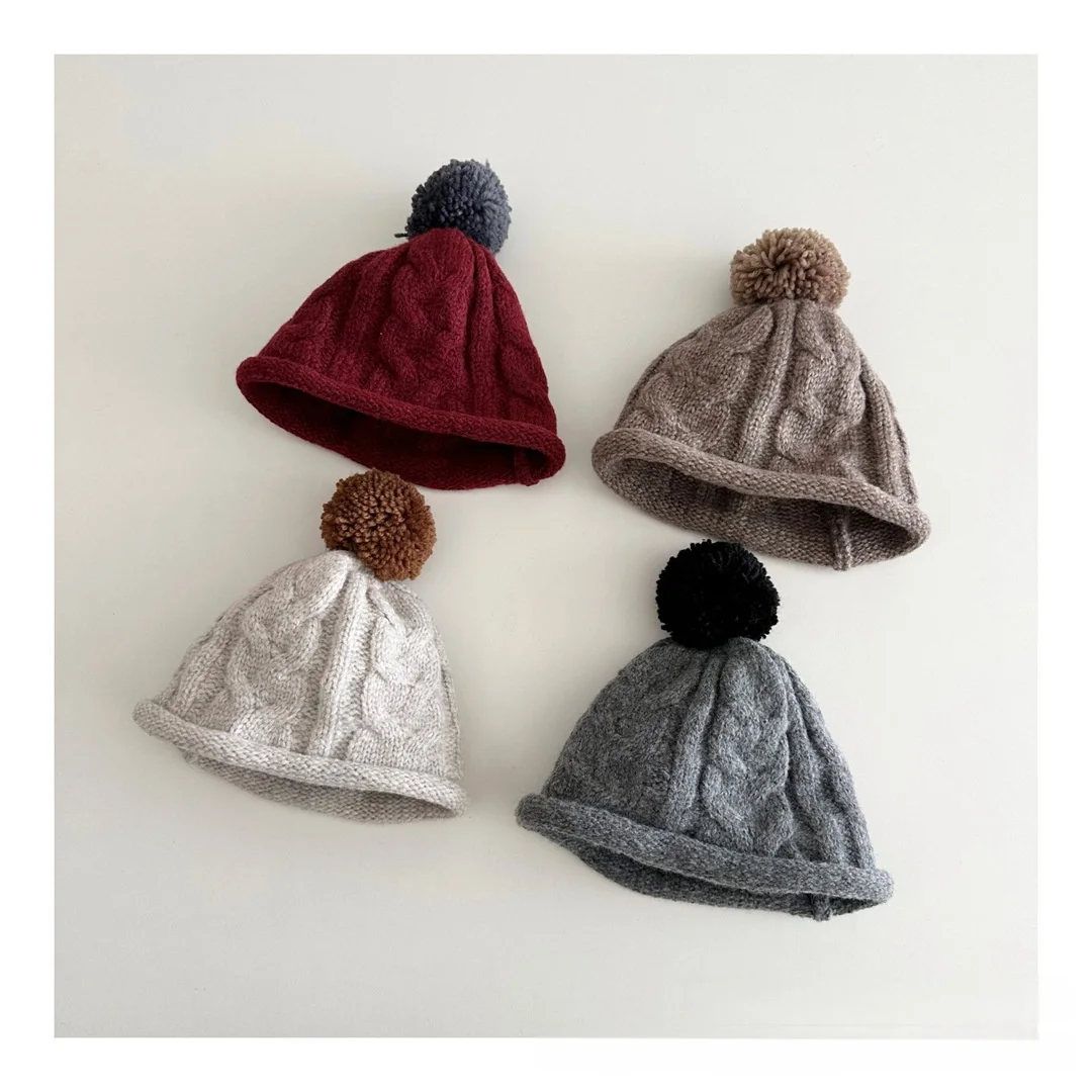 

Vintage Kids Knit Hat Unisex Cable Knit Pom-Pom Beanie Rolled Cuff Warm Winter Cap for Boys Girls