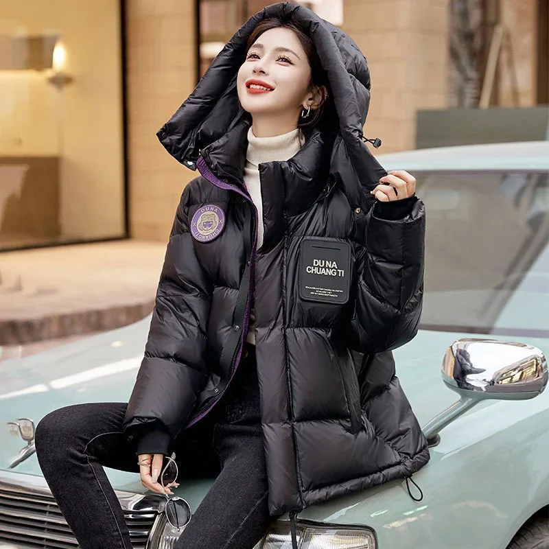 معطف نسائي جديد من القطن باللون الأسود والذهبي، سترات شتوية سميكة ودافئة مبطنة، ملابس خارجية باركر بقلنسوة قابلة للفصل للسيدات