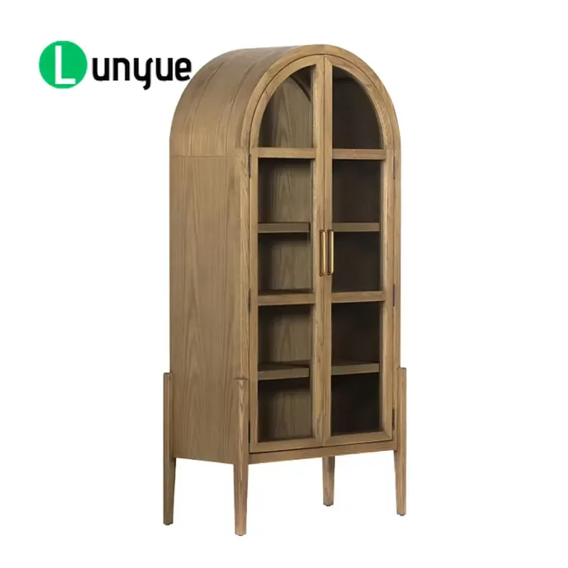 French Solid Wood Traditional Arched Bookcase with Glass Door Custom Decorative Cabinet for Living Room Dining Room Warehouse