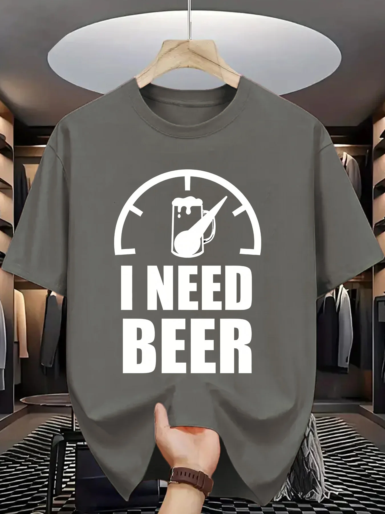 I Need Beer Mens Crew Neck T Shirt Speedometer Beer Mug Funny Drinking Slogan Graphic Short Sleeve Casual Street Tops