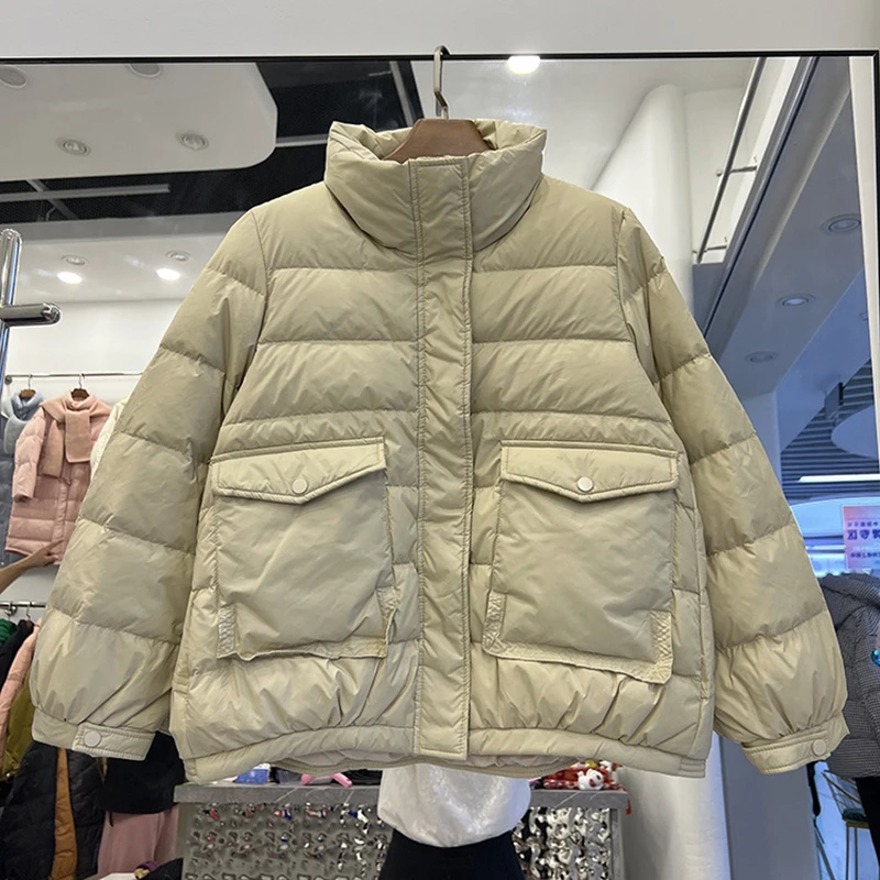 2022 Women Autumn Winter Short Loose Padded Zipper Solid Color Jacket Stand Collar Big Pocket All Match White Duck Down Coat