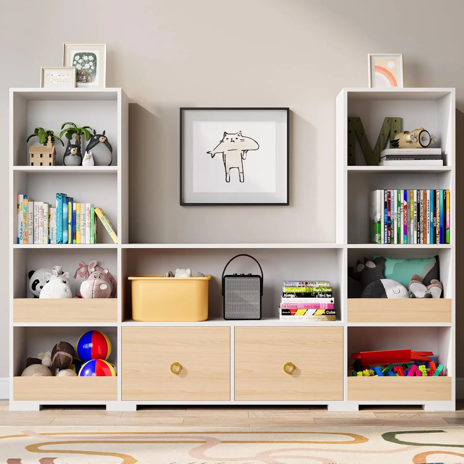 4-Tier Toy Storage Organizer with Drawers, 9-Cube Bookcase for Playroom, Nursery, Classroom, Bedroom