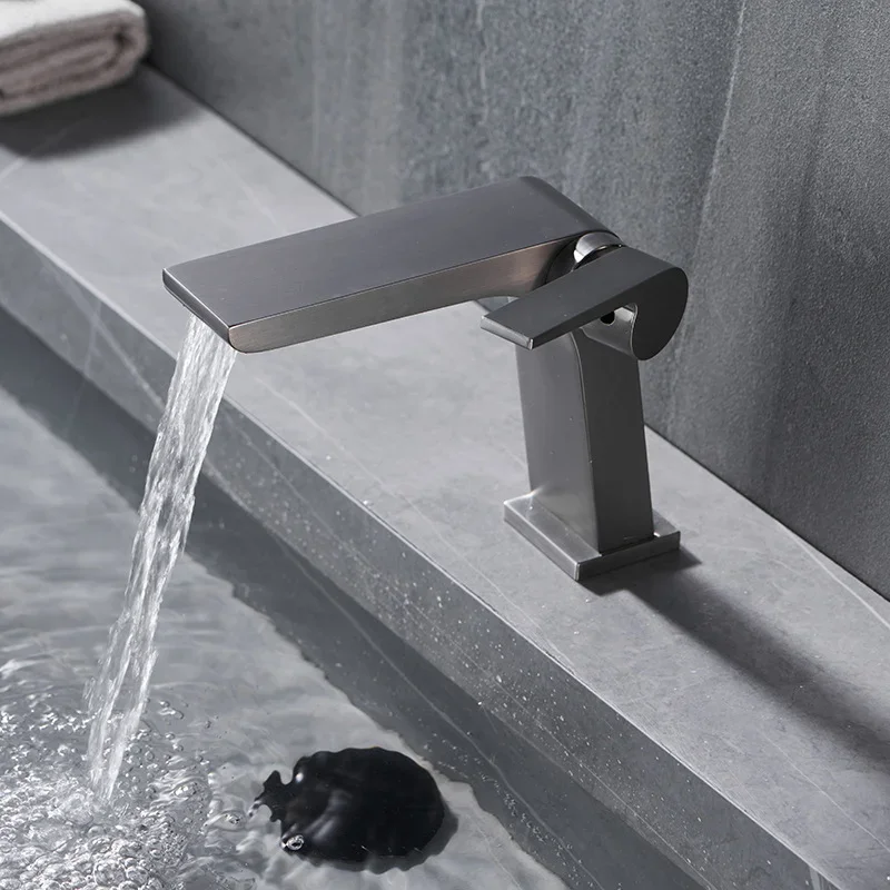 

Gun Grey Simple Design Faucet Waterfall Water Outlet Black Hot and Cold Dual Control Brushed Gold Bathroom Faucet