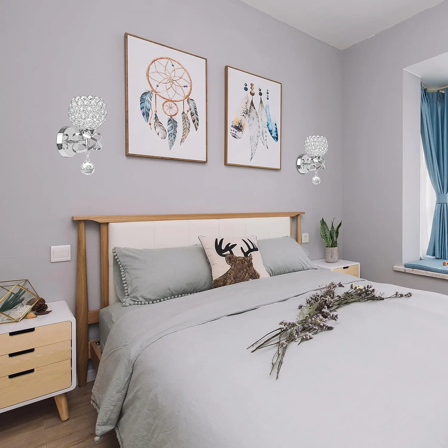 두 개의 크리스탈 벽 조명 세트, 침실, 거실, 복도용 현대적인 실버 벽 조명, 크리스탈 볼 장식