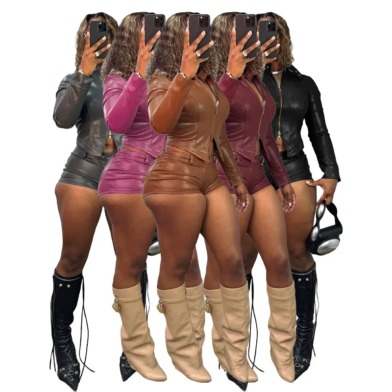 

Женский комплект из двух предметов: кожаные шорты и куртка из ПУ на молнии, мини-брюки, облегающий крой, уличный стиль, повседневный, лето 2026