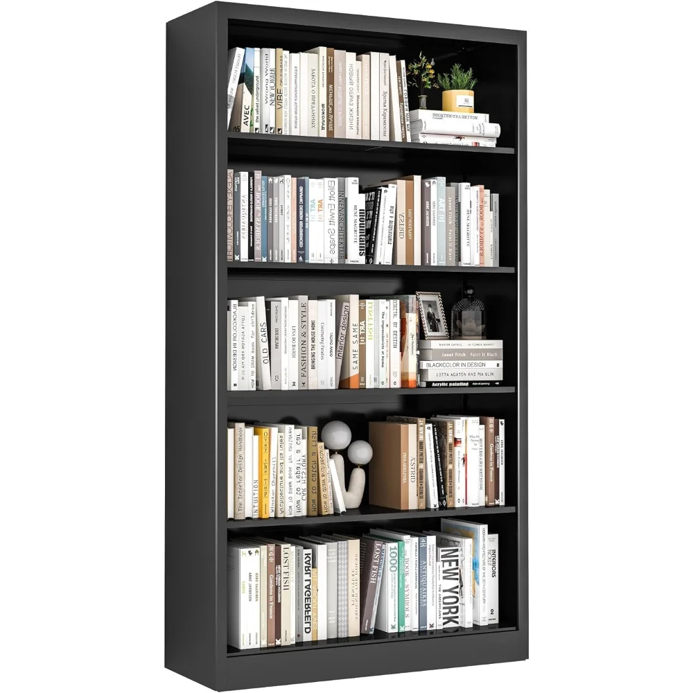 

Metal Bookshelf, Adjustable Bookshelves and Bookcases, 5 Shelf Bookcase with Backboard, Black Book Shelf Book Cases for Office