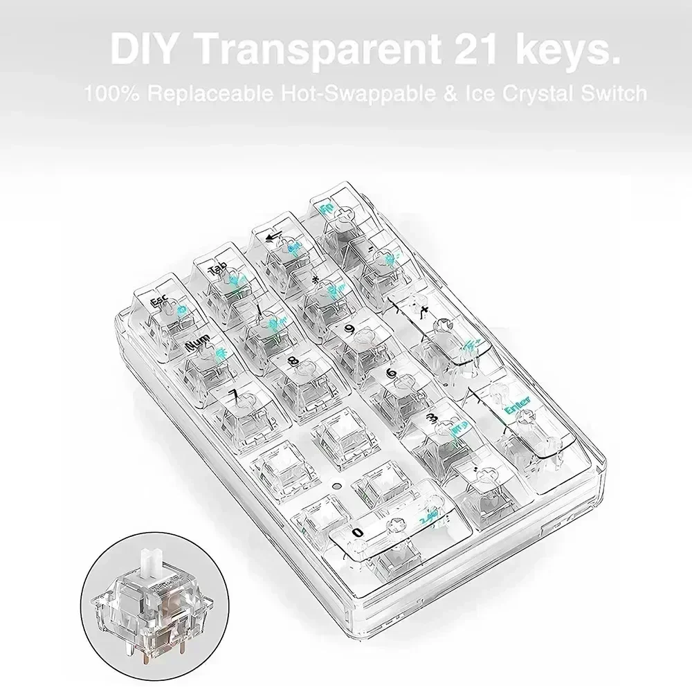 Aula F21 teclado numérico transparente, PC para juegos multimodo, personalizado, 21 teclas, RGB, intercambio en caliente, inalámbrico, Bluetooth, teclado de larga resistencia