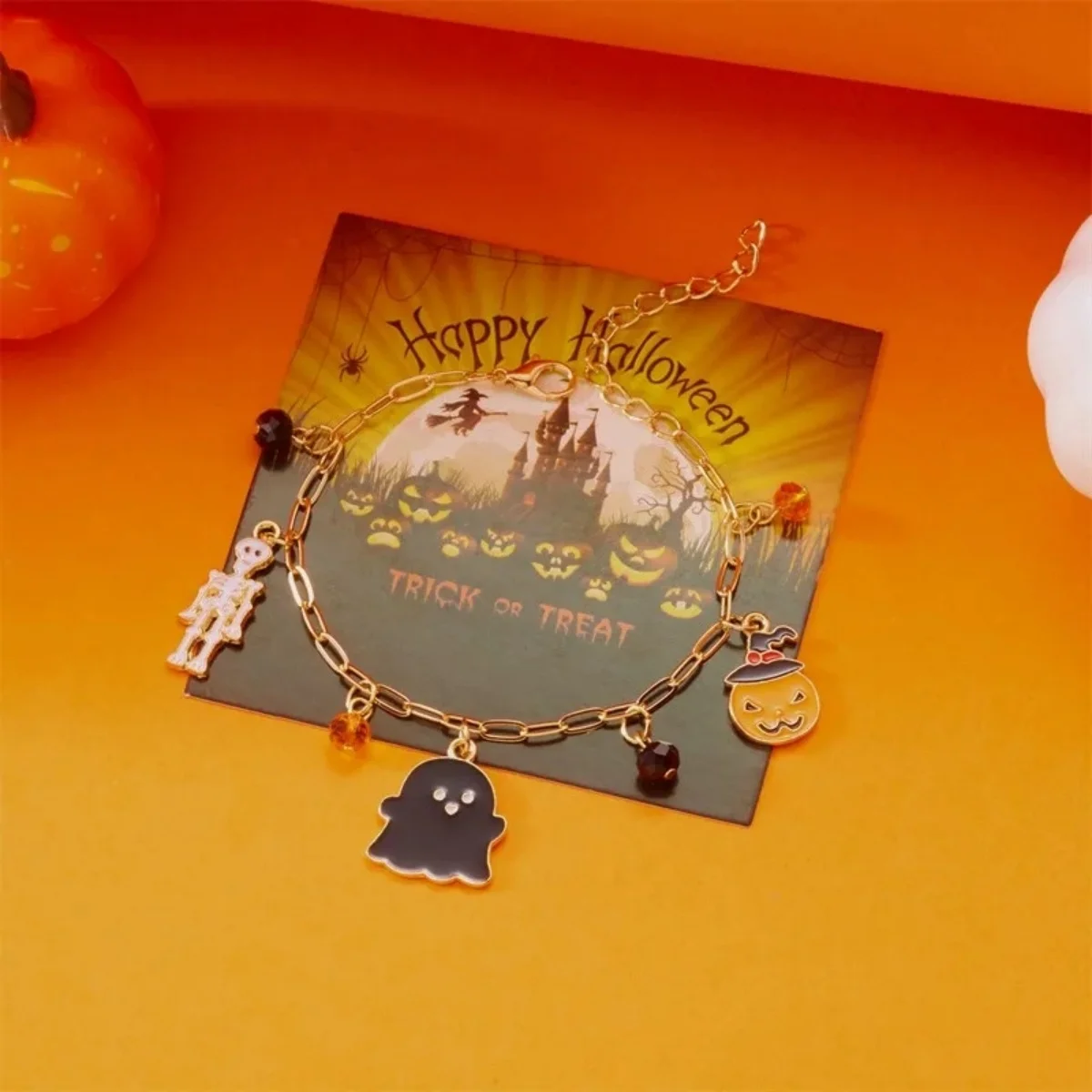 Halloween Armband Fledermaus Hexe Hut Spinnennetz Kürbis Geist Schädel Schwarze Katze Kristall Perlen Kette Armreif Punk Schmuck Geschenk Für Frauen Männer