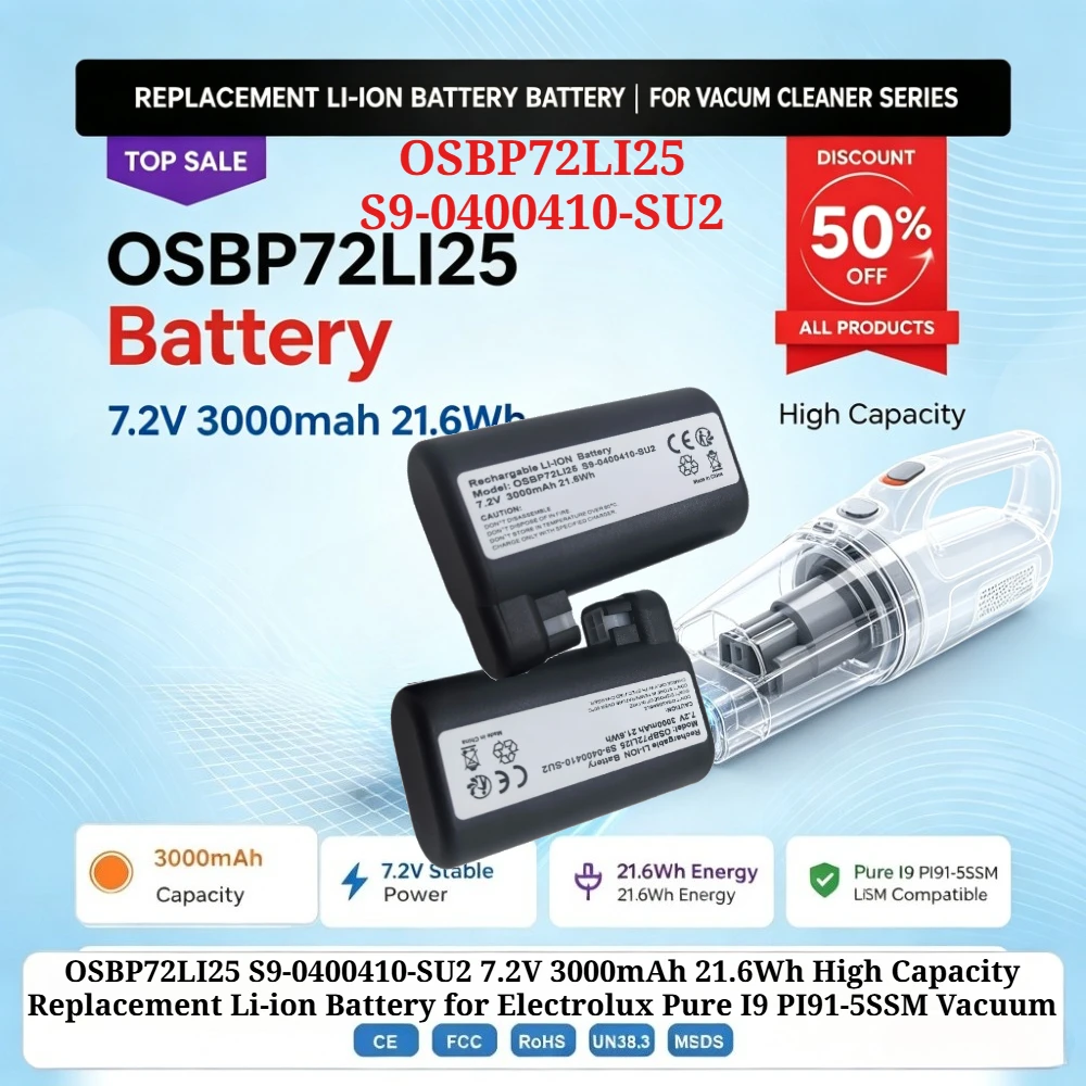 OSBP72LI25 S9-0400410-SU2 7.2V 3000mAh 21.6Wh High Capacity Replacement Li-ion Battery for Electrolux Pure I9 PI91-5SSM Vacuum