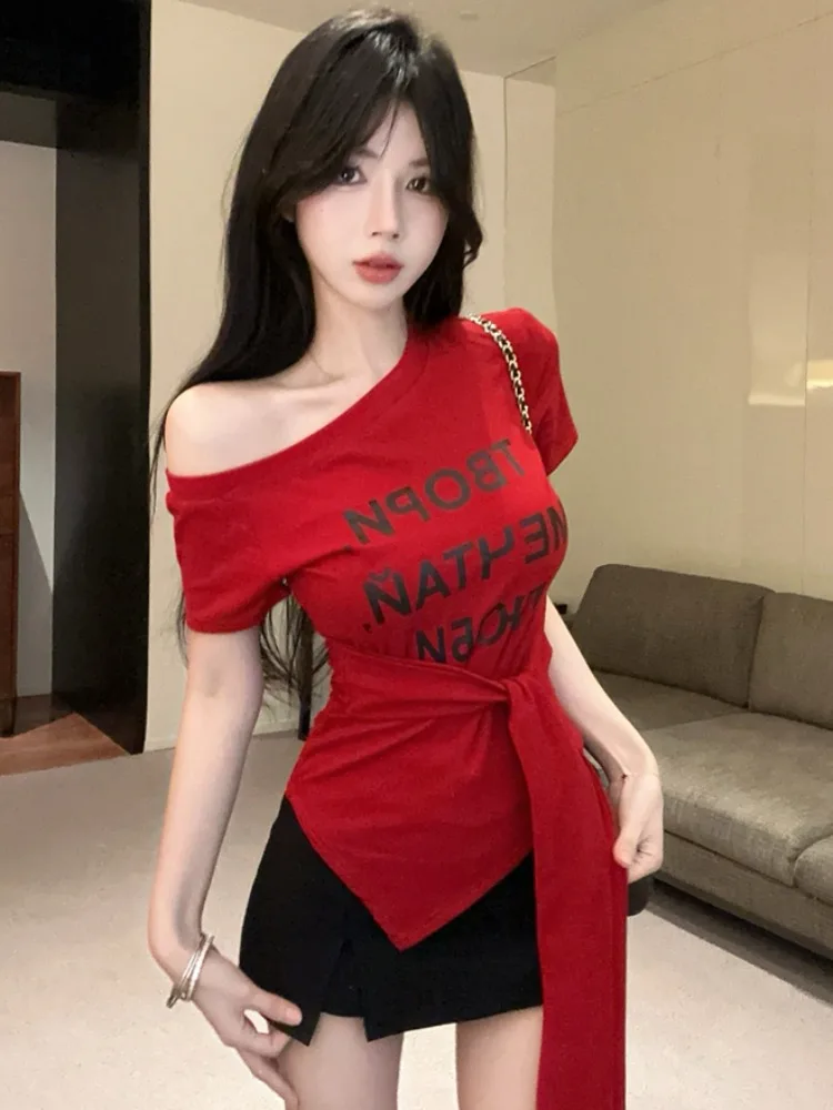 

American Design Sense Letter Print Short Sleeve T-Shirt Women's Summer New Belt Waist in Tie Shoulder Top Trendy Korean Style...