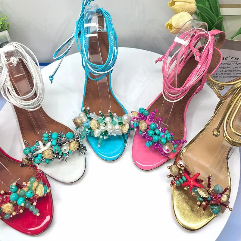 Women Starfish Shell Pearl Beaded Ankle Wrap Strap Sandals Stiletto High Heel Open Toe Summer Beach Ladies Size43 Party Footwear