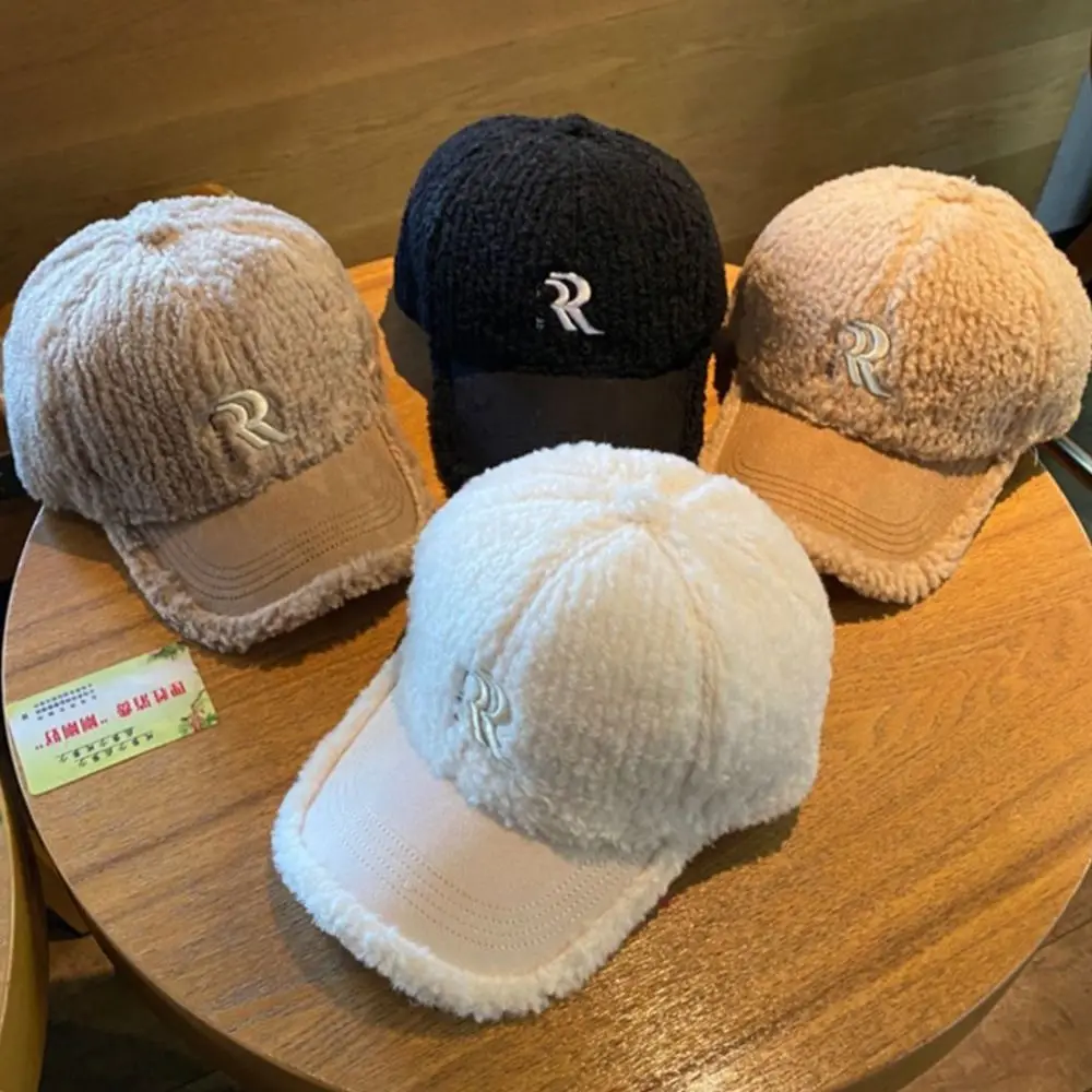 Fashion Letters Women's Hats Double R Keep Warm Baseball Cap Lamb Wool Thickening Plush Peaked Cap Winter