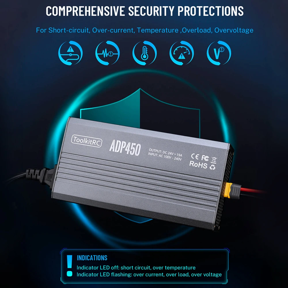 ToolkitRC ADP450 Adaptador de fuente de alimentación 450W XT60 salida 24V19A Entrada de CA 100V-240V para ToolkitRC M8D M6D M8P M9 Cargador de batería