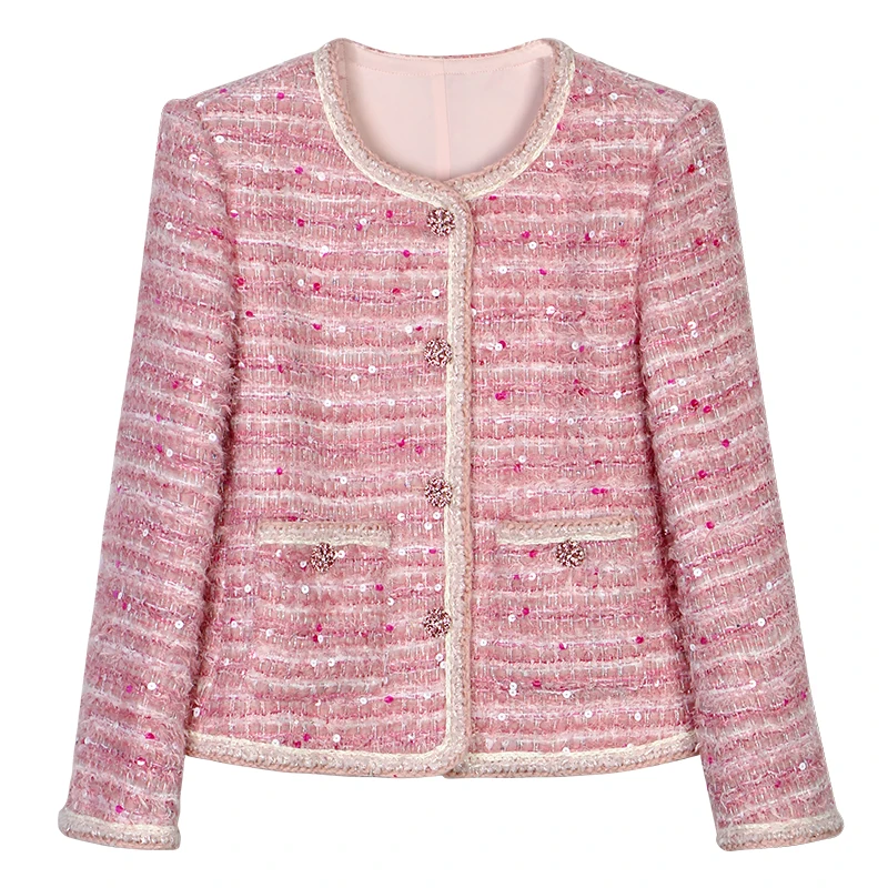 New Fashion Round Neck Celebrity High-end Heavy Industry Sequin Temperament Design Casual Tweed Jacket