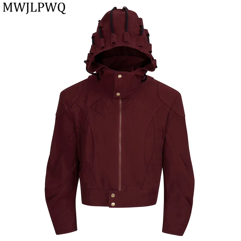 

MWJLPWQ Red Short Padded Shoulder Hooded Jacket High Street Deconstruction Autumn Drawstring Design For Men Casual Tops 11751