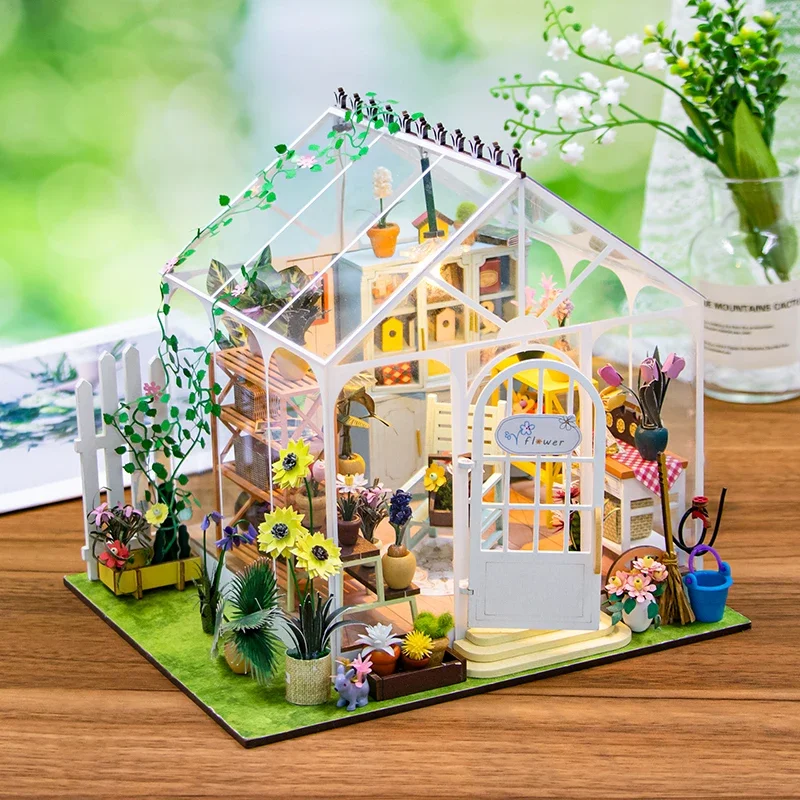 

Sunshine Flower Garden Casa Miniature Model Kit Villa Dollhouse DIY Wooden Doll Houses with Furniture Led Light for Friends Gift